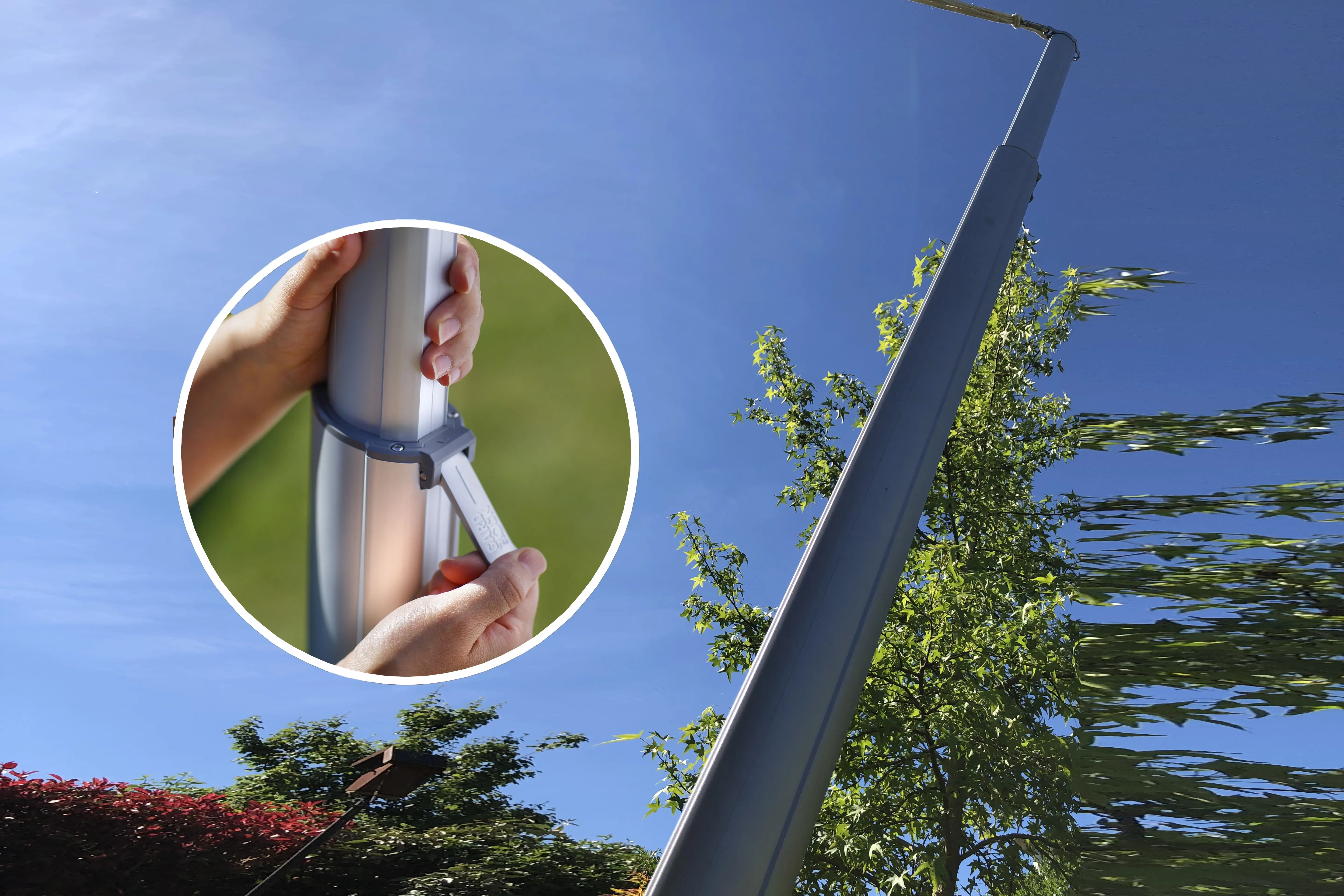 Fonction télescopique du mat pour voile d'ombrage grâce à un système de levier verrouillé