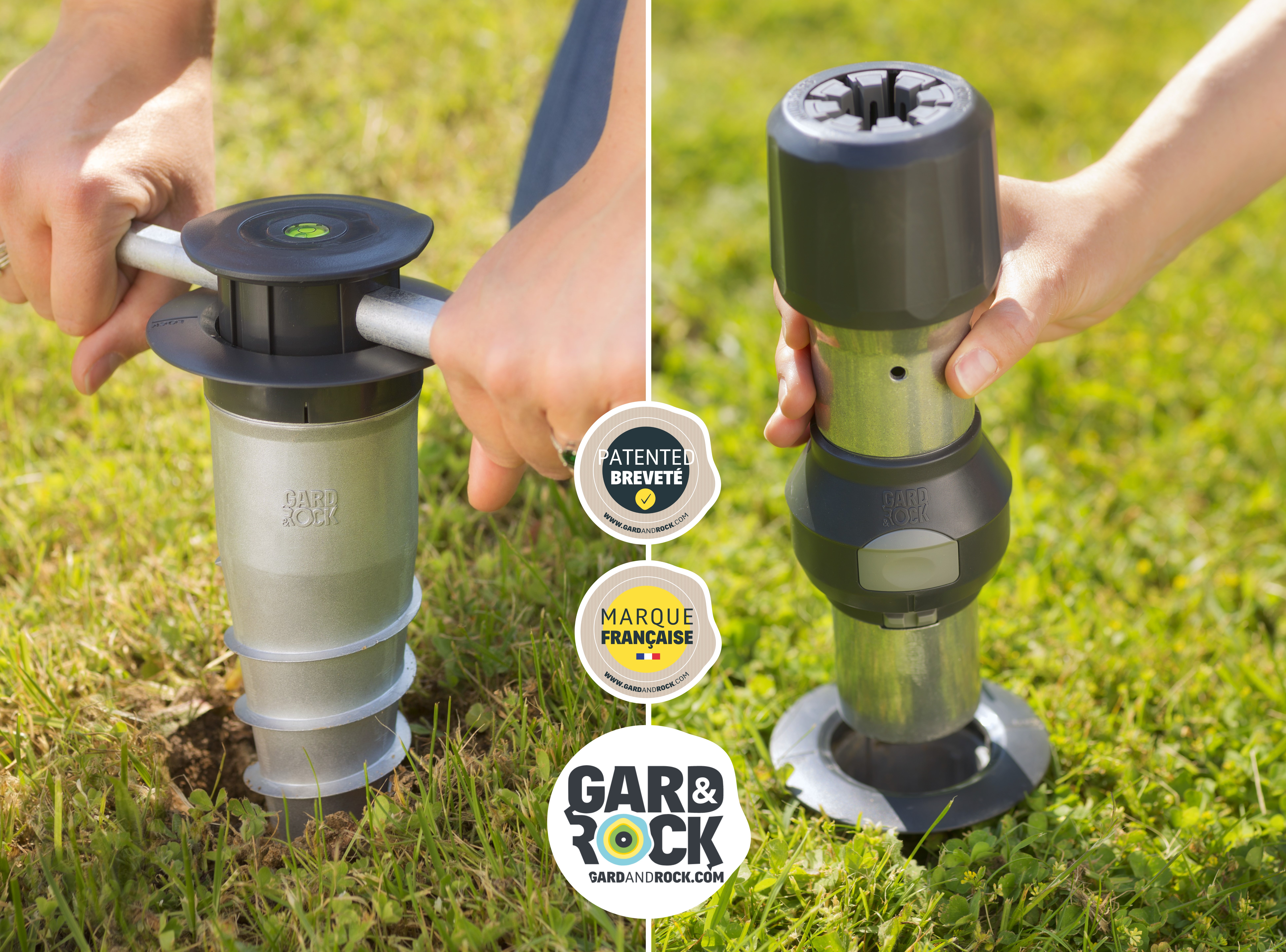 Base d'ancrage en train d'être vissée dans le sol et pied de parasol clipé