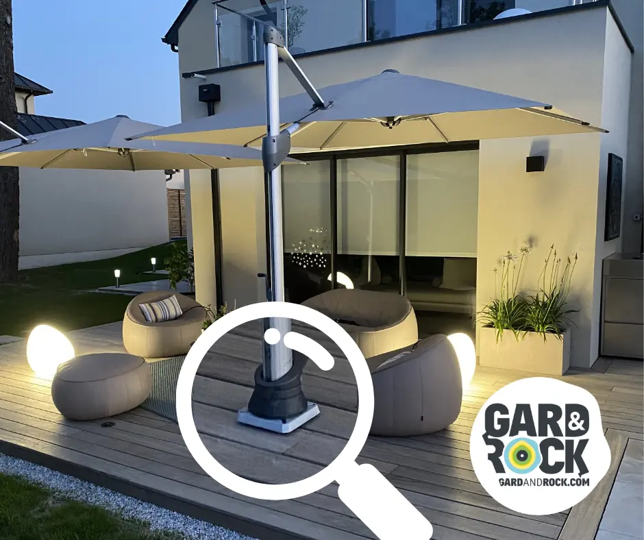 Parasol déporté sur terrasse sans dalles de lestage ni pieds lourds et encombrants