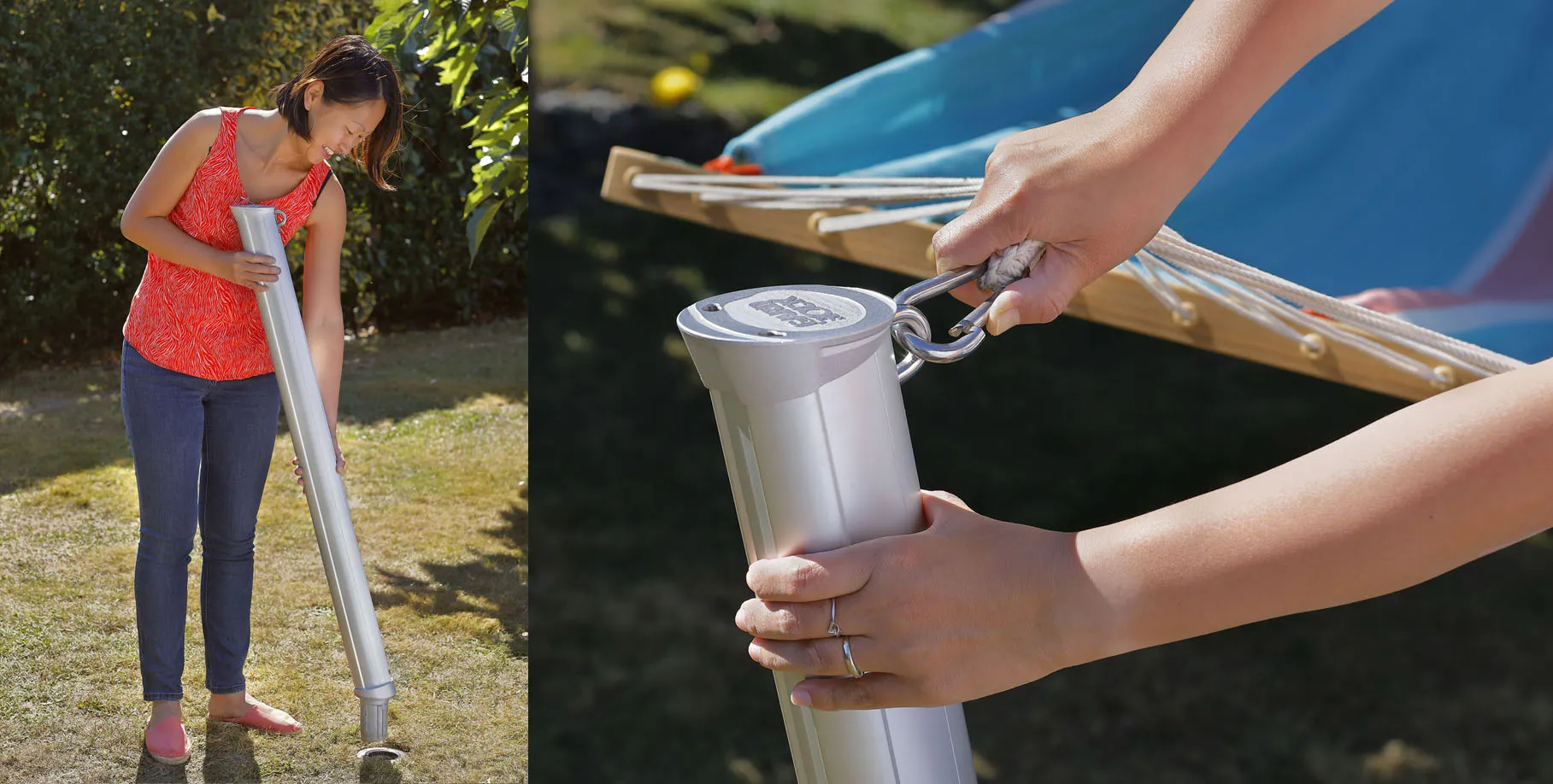 installation facile : un poteau Gard&Rock clipsé dans sa base puis hamac accroché au mousqueton, démonstration de montage rapide