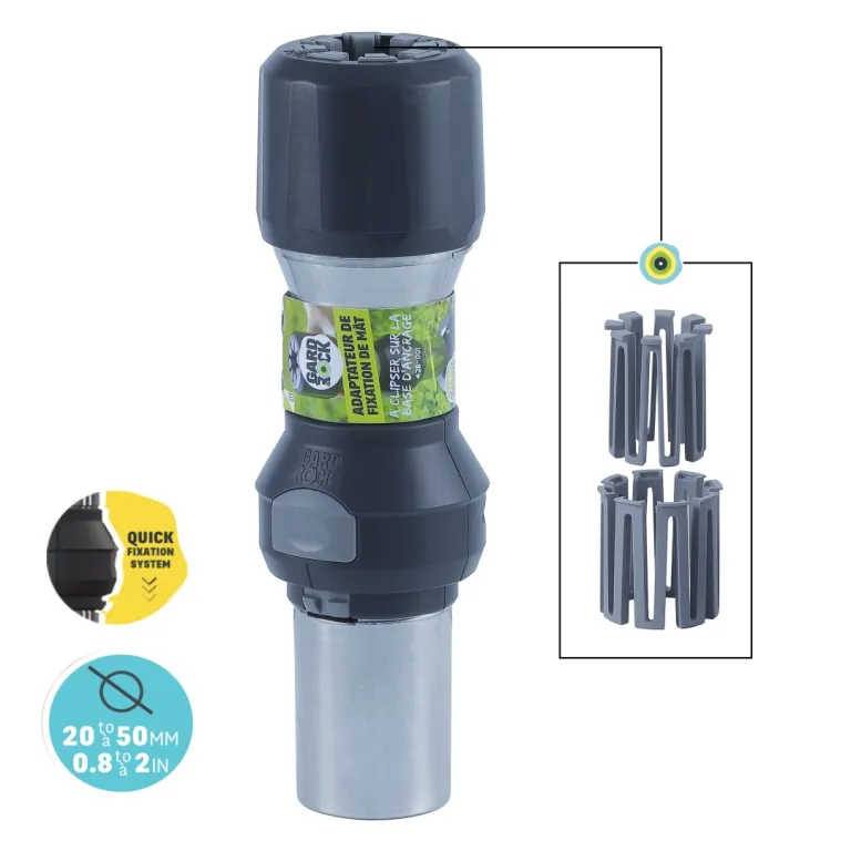 produit présenté avec son étiquette, zoom sur le multi rings et le système de fixation rapide, compatible mâts de 20 à 50 mm