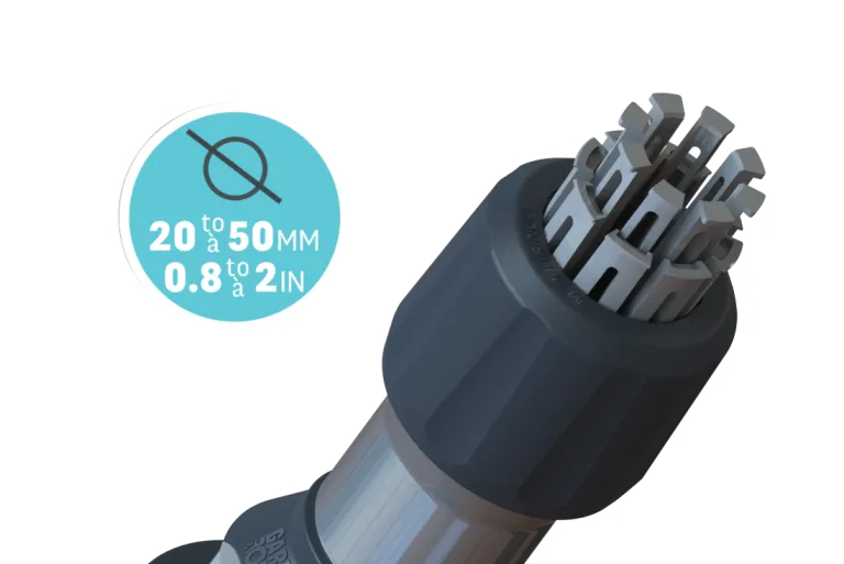 gros plan du système multi rings assurant l’ajustement précis des mâts de 20 à 50 mm, compatibilité multi-diamètres intégrée