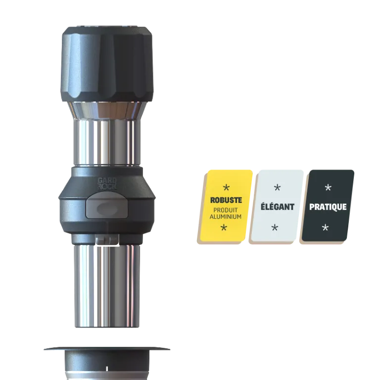 gros plan sur le système de clipsage rapide d’un pied de parasol droit, fixation facile et sécurisée pour usage extérieur