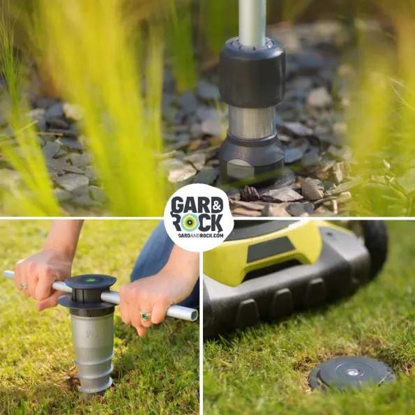 Pied parasol amovible Gard&Rock, base affleurante sur herbe, copeaux ou terrasse, stable et résistant