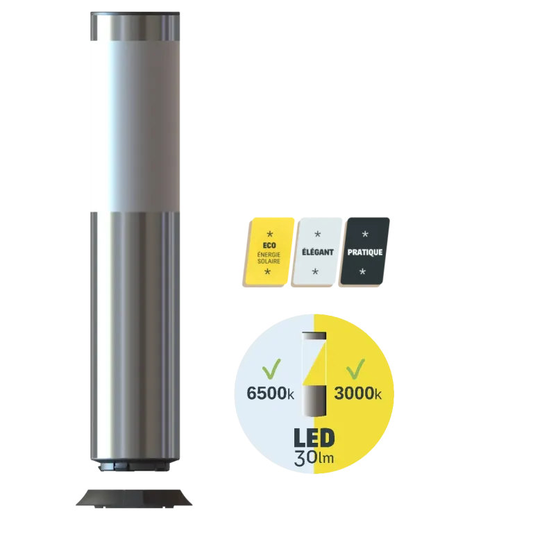 Borne lumineuse solaire en cours de clipsage sur son socle, énergie autonome, design sobre et pratique, pictogrammes visibles.