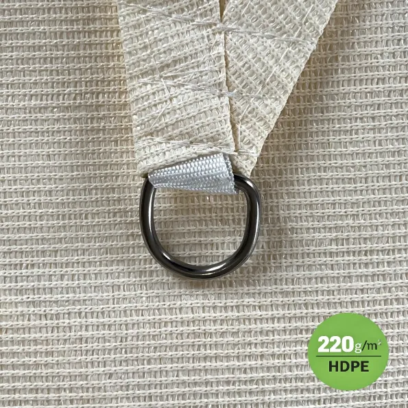 Voile d’ombrage triangulaire avec attache en inox robuste pour installation extérieure durable.