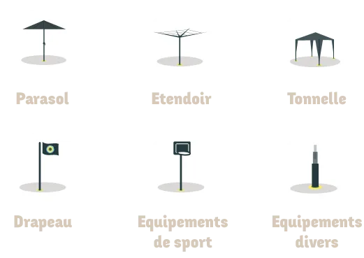 illustration des accessoires compatibles avec un pied droit : parasol, tonnelle, étendoir, drapeau, panier de sport, nichoir à oiseaux